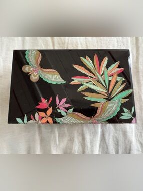 Trina Turk Butterfly Floral Decorative Jewelry Trinket Box Black Multicolor
